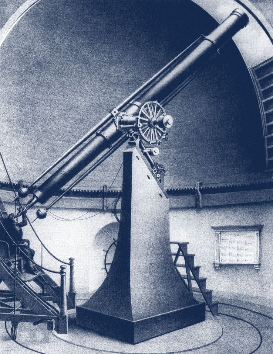 A nineteenth-century lithograph of a large refracting telescope on its pier beneath an observatory dome.